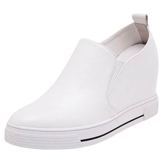 Inner heightened white shoes, juvenile leather, delicate and slim shoes, small heightened and slim heeled casual shoes for women