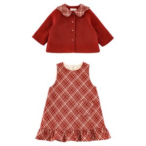 
Young girls 2025 winter new style doll collar plus velvet warm jacket red plaid vest skirt suit new year clothes