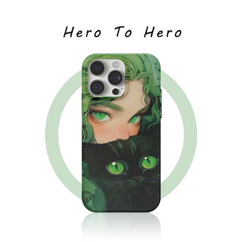 Anime Cat Girl Green Eyes Black Cat Illustration iPhone Case