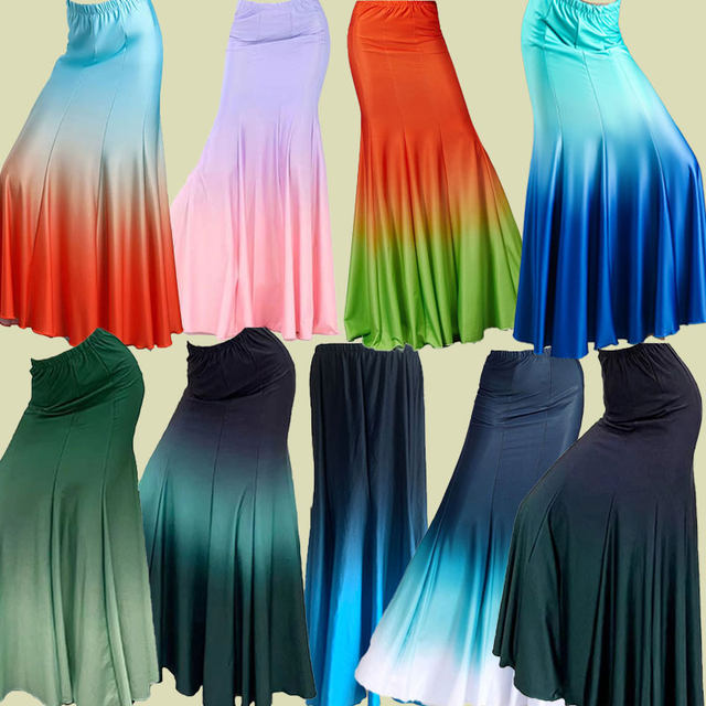 Women's Ballroom Dance Skirt - Gradient Color, Long Swing Skirt For Performances & Practice