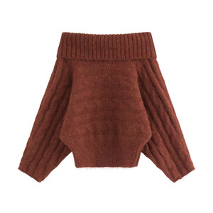 
AZure French retro bat-sleeved orange turtleneck sweater with off-shoulder sexy cardigan contrasting color skirt