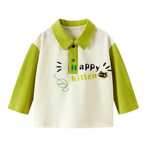 
[Not easy to deform] Baby boys and girls are skin-friendly, soft, elastic, breathable, cute and fun color-blocked lapel long-sleeved T-shirts for spring new style