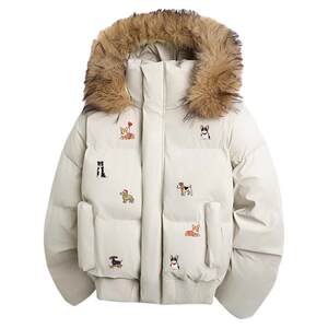 
Charles Heart American Puppy Printed Cotton Coat for Men and Women Removable Fur Collar Hooded Winterproof Versatile Couple Cotton Coat