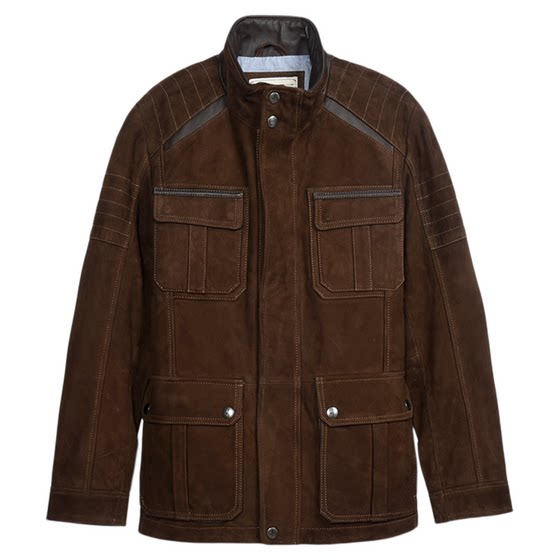 
MCS men's clothing originated from Marlboro autumn American casual retro old standing collar four-bag sheep leather genuine leather jacket