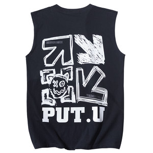 Sleeveless men's summer new pure cotton vest trendy brand American graffiti high street large size loose casual men's T-shirt
