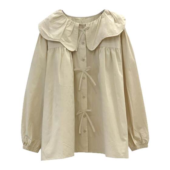 
Nuochu maternity wear spring and autumn new fashion doll collar top milk apricot long-sleeved shirt solid color petal collar