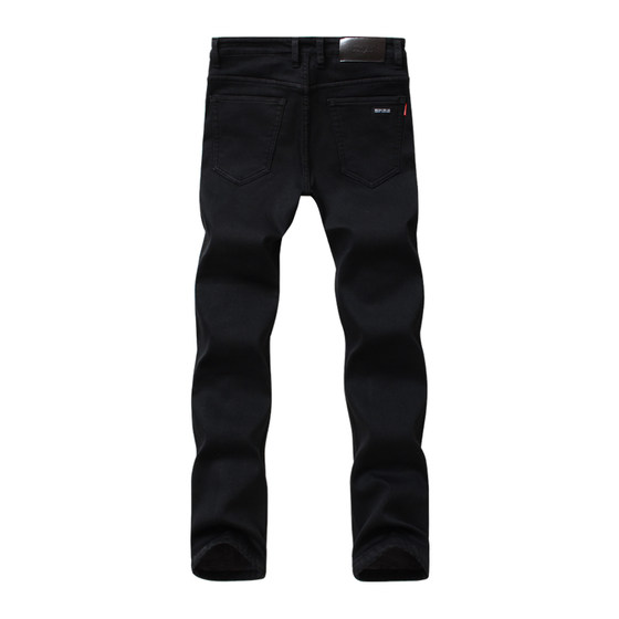 Autumn and winter business ultra-high elastic black jeans men's plus velvet slim foot long pants plus size men's thick section