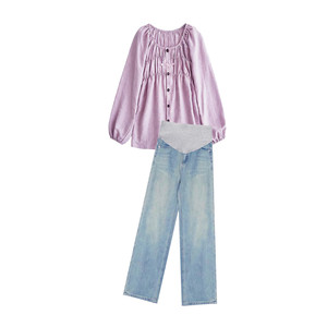 
Maternity suit spring and autumn 2026 new pink and purple sweet pleated style doll shirt top and jeans two-piece set