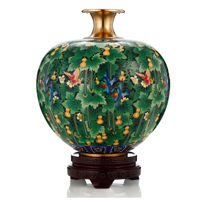 中式景泰藍十五寸花瓶銅胎掐絲琺瑯家居擺件北京產鳥語花香藍色花瓶