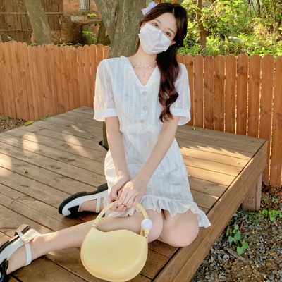taobao agent Shiffon dress, fitted brace, white mini-skirt, V-neckline, plus size
