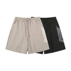 Retro campus style imitation fried color shorts for men with letter print, loose casual straight leg five-quarter pants for women