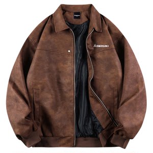 
Kawasaki Kawasaki American Washed Loose Casual Zipper All-match Long Sleeve Lapel Leather Jacket Similar to Men and Women