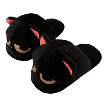 Fine strip INS big eyes black cat cotton slippers
