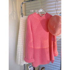 醋酸面料 温柔奶系穿搭圣诞款漂亮套头水蜜桃圆领针织毛衣复古日系慵懒女春