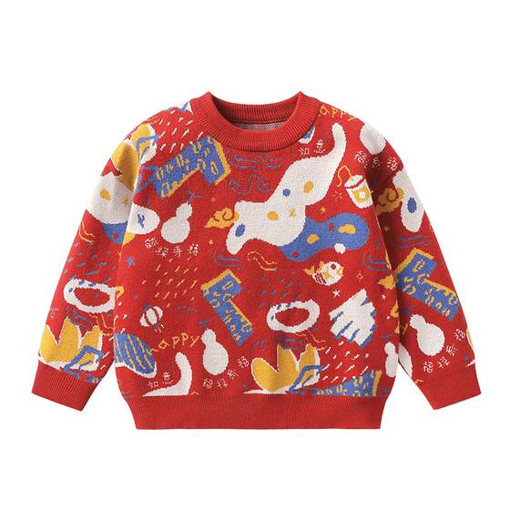 
Right European boys and girls New Year's sweater children's round neck knitted pullover red casual winter new children's clothing