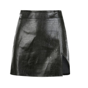 
Fat mm autumn skirt leather skirt women's high waist black pu crocodile pattern side split hip skirt winter plus size short skirt