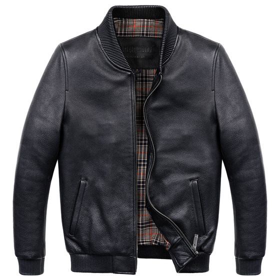 
New baseball uniform collar leather leather jacket for men's head layer pure cowhide cotton short leather jacket casual cowhide jacket
