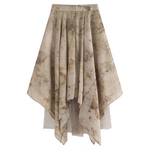 Azure gentle retro printed irregular strapless top high waist yarn smudge skirt temperament slimming suit