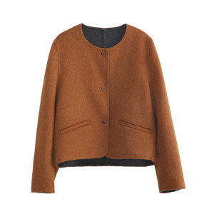 
Huaji C118 golden brown wool retro pumpkin pie round neck double-sided short woolen coat for women 2026 new winter