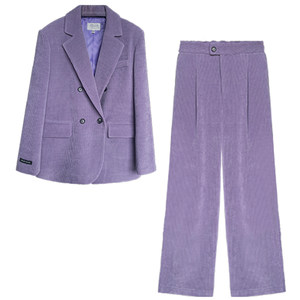 
Purple corduroy suit women's autumn and winter warm retro casual right shoulder small suit straight trousers two-piece set