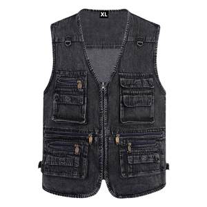 Spring and autumn black pure cotton denim vest men's multi -pockets and shoulder vests plus fertilizer increased by 200*0.5kg above father