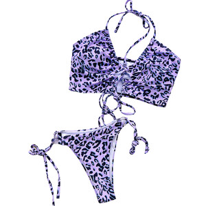 European and American style sexy halter neck leopard print drawstring tie gathered on beach three-point bikini women's split swimsuit