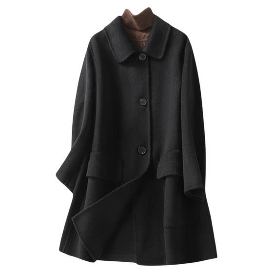 
Woolen coat women's mid-length black Korean style loose double-sided woolen spring and autumn new single-breasted light luxury wool coat