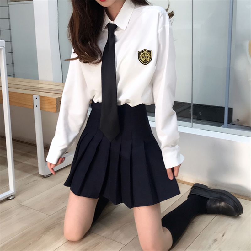 初高中学生少女毕业班服两件套日系学院风长袖白衬衫+百褶裙套装
