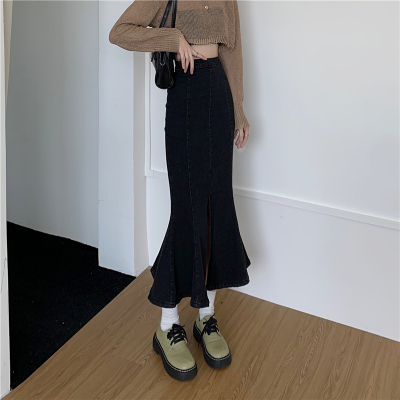 taobao agent Long denim winter fitted pleated skirt, plus size, mid-length, fish tail, high waist, hip-accented, A-line