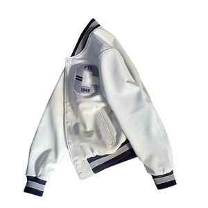 
High-end white calf leather jacket embroidered motorcycle leather jacket spring and autumn leather baseball uniform Japanese casual jacket men and women