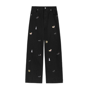 
Large size women's black fun puppy embroidered straight jeans for women fat mm American retro slim wide-leg pants