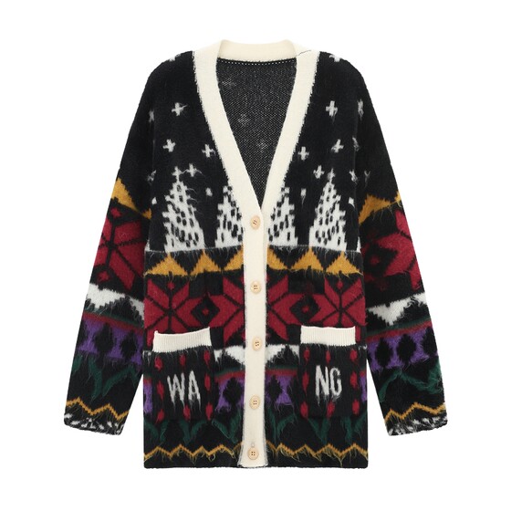 
Basic House/Baijiahao Fair Isle jacquard cardigan jacket is popular this fall and winter for women, off-shoulder sweater