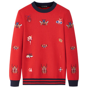 ZOUK men's knitted cashmere sweater round collar sweater male Korean version of trendy personality insect embroidery slim autumn and winter
