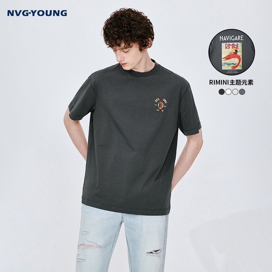 [순면] Navigare 이탈리안 소형 범선 블랙 트렌디 브랜드 반팔 티셔츠 남성 여름 라운드 넥 커플 티셔츠