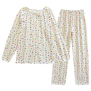 
Round neck cardigan polka dot pajamas for women in spring and summer pure cotton washing cotton gauze thin cotton crepe long sleeve large size set