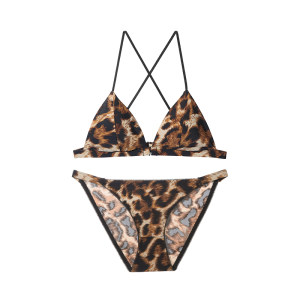 
peach-box leopard print sexy lingerie suit for women with small breasts gathered front buckle triangle cup markless wild bra