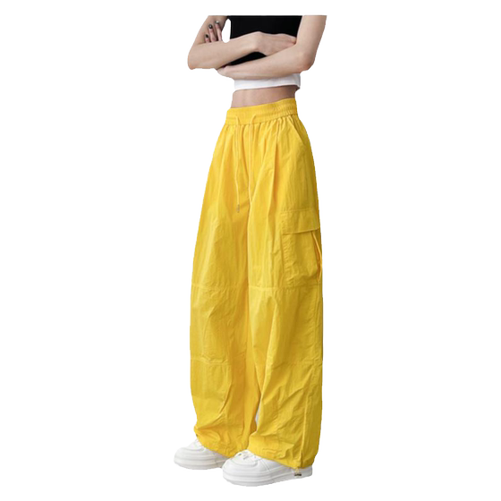 Yellow dopamine wide -leg pants female summer large size fat MM loose workmanship casual pants ice silk thin sports straight pants
