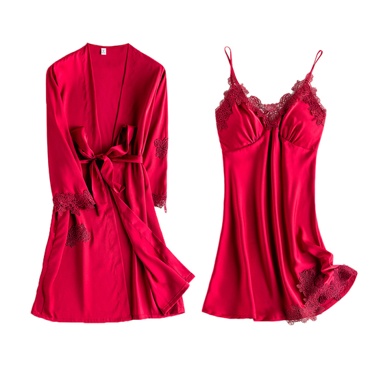Lezimeng レディース レッド アイスシルク パジャマ セット - セクシー
