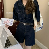 Синий джинсовый летний комплект, футболка, в корейском стиле, короткий рукав, высокая талия