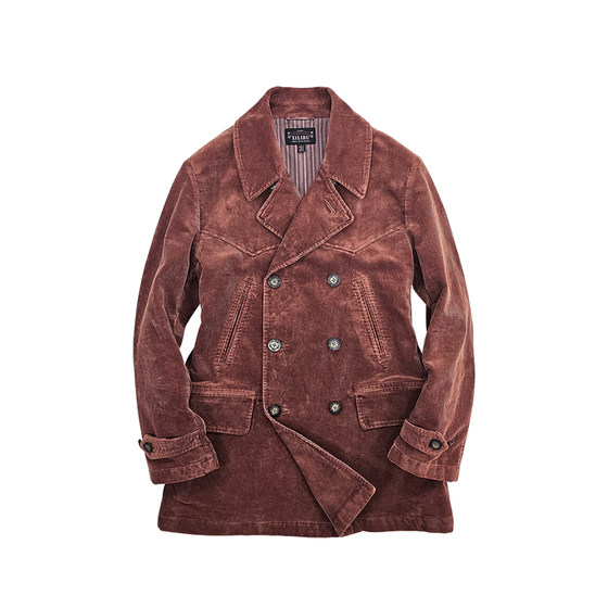 
Sileb brick red corduroy double-breasted mid-length suit coat men's American retro corduroy windbreaker jacket