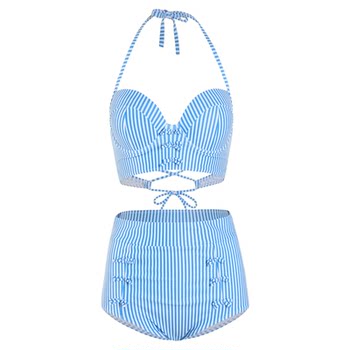 Hot spring striped high -waisted steel gathered triangular bikini
