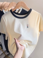 Абрикосовая летняя мини-юбка, сексуальная весенняя футболка, приталенный топ, короткий рукав, с вышивкой