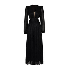 Xulu original black label series texture bright silk temperament sexy V -neck cage sleeve high waist hollow hollow dress

