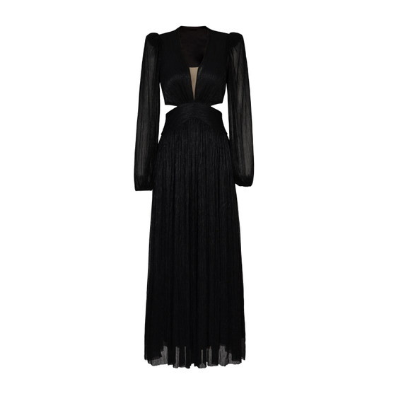 Xulu original black label series texture bright silk temperament sexy V -neck cage sleeve high waist hollow hollow dress
