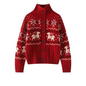 
Basic House/Baijiahao New Year Red Jacquard Turtle Collar Cashmere Knitted Cardigan Women's Spring Wool Sweater Jacket