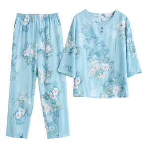 
Middle-aged and elderly mother pajamas for women in summer thin cotton silk middle sleeve two-piece set loose silk home clothing set