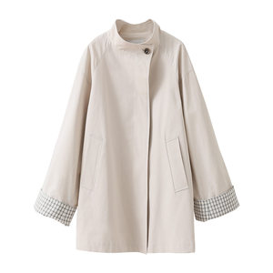 
popchrio retro plaid sleeves Tiansi cotton stand collar khaki windbreaker small short jacket for women autumn