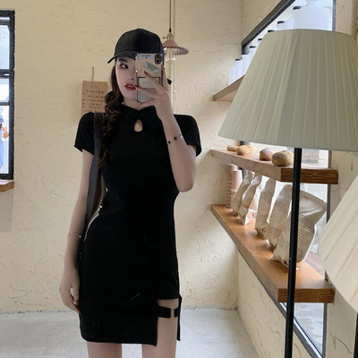 taobao agent Retro summer cheongsam, black dress, for plus size ladies