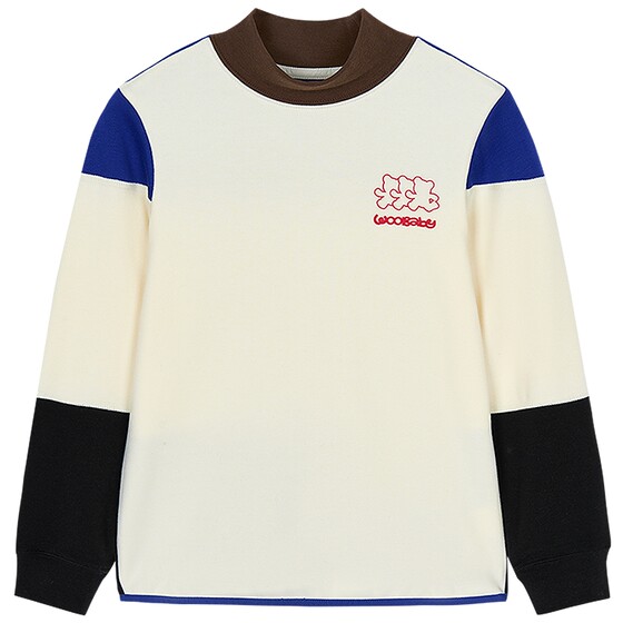 
[Far infrared heating] woobaby children's patchwork contrasting color pullover bottoming shirt winter boys and girls long-sleeved T-shirt