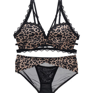 Beautiful back underwear Women's sexy leopard thickened small chest gathered bra and no steel ring hollowed out chest suits flat chest